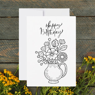 Carte Flore Boho Noir & Blanc Joyeux Anniversaire
