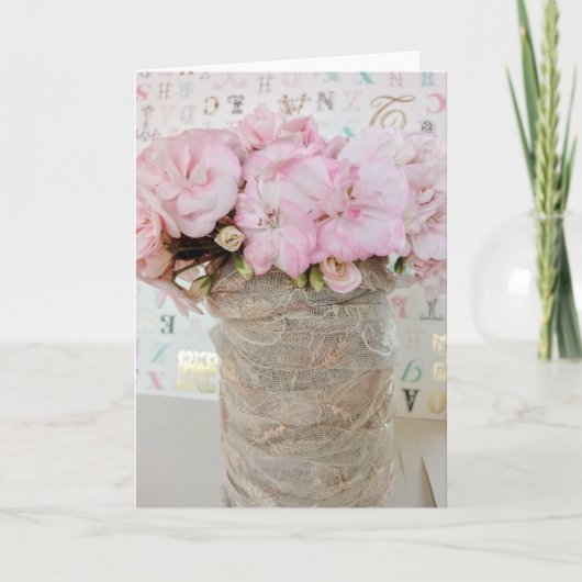 Carte Flores geranio rosa en bote de cristal con encaje (Devant)