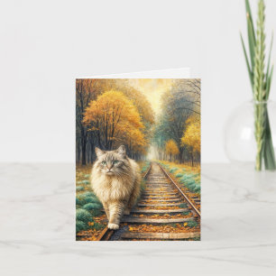 Carte Fluffy Cat Marcher sur les voies ferrées