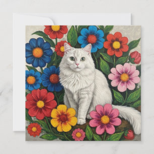 Carte Fluffy Chat blanc et Fleurs d'Art folklorique