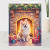 Carte Fluffy Pomeranian Cozy Christmas Fireplace Dog Art (Devant)