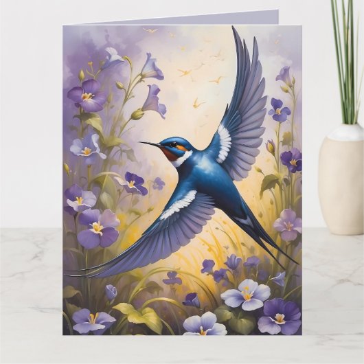 Carte Flying Swallow Field of Violet Flowers (Devant)