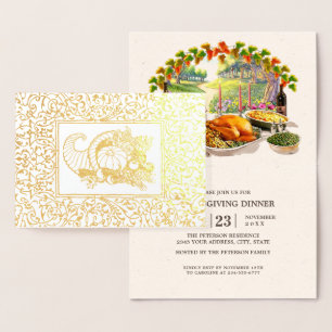 Carte Foil Invitation Cornucopia Thanksgiving Dine