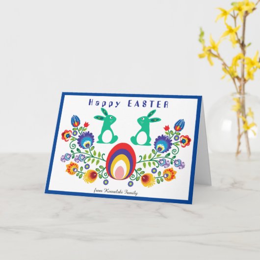 Carte 🐰 🐇 folklore de Pâques avec 2 lapins, (Fleur jaune)