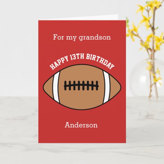 Carte Football rouge 13e anniversaire petit-fils (Fleur jaune)