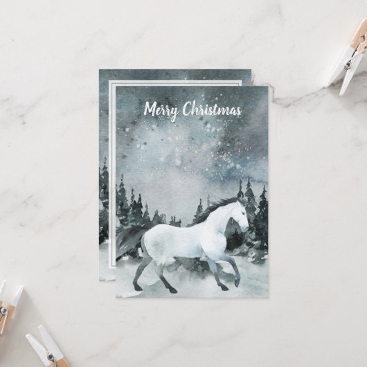 Carte Forêt de la forêt d'hiver Cheval blanc Joyeux Noël (Devant/Arrière en situation)