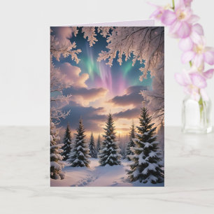 Carte Forêt hivernale enneigée, cristaux de glace, auror