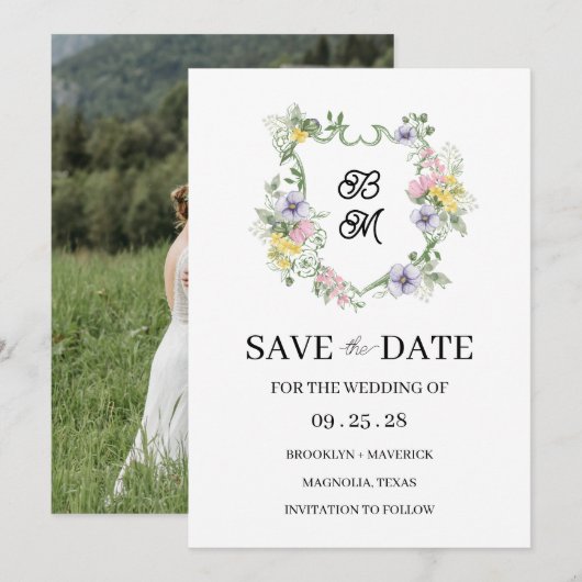 Carte Formal Floral Monogram Crest Wedding (Devant / Derrière)