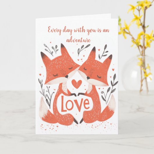 Carte Foxes d'amour et Saint-Valentin du grand coeur (Fleur jaune)