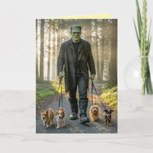 Carte Frankenstein promenant le chien