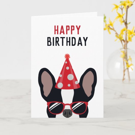 Carte French Bulldog Happy Birthday (Fleur jaune)