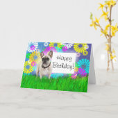 Carte French Bulldog Joyeux anniversaire (Fleur jaune)