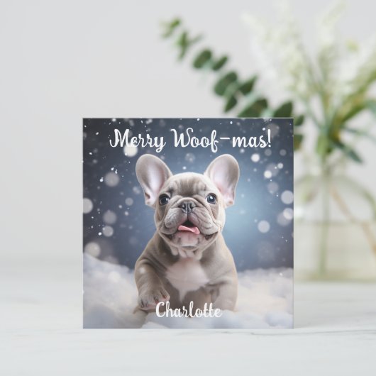 Carte Frenchie Frosty Bliss personnalisable (Debout devant)