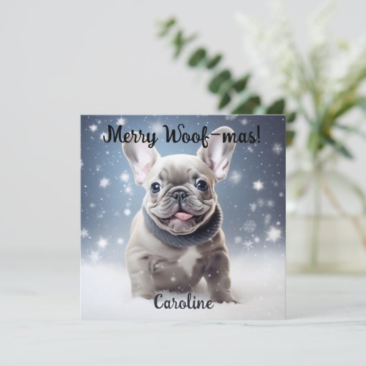 Carte Frenchie Frosty Bliss personnalisable (Debout devant)