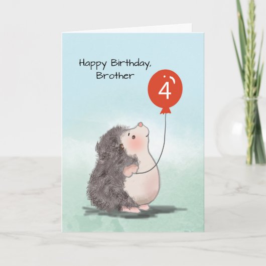Carte Frère 4e anniversaire mignon Hérisson avec ballon (Devant)