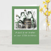 Carte Frère, 50e anniversaire, grenouilles avec bière (Fleur jaune)