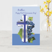 Carte Frère Première communion sainte, Cros bleu et arge (Fleur jaune)