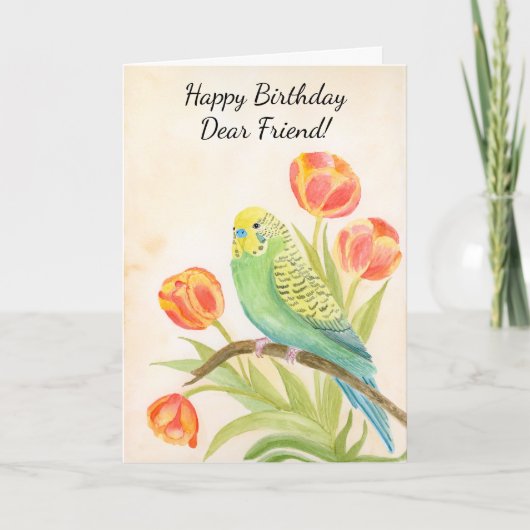Carte Friend Happy Birthday Parakeet with Tulips (Devant)