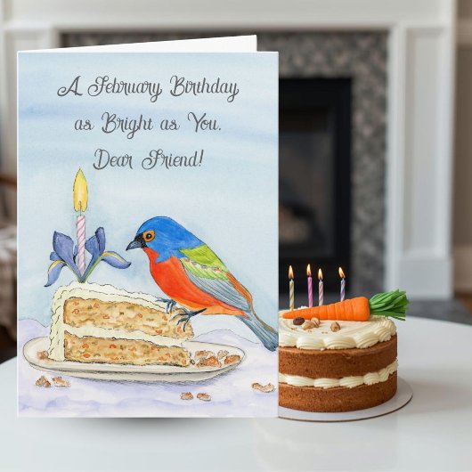 Carte Friend Happy February Birthday Painted Bunting