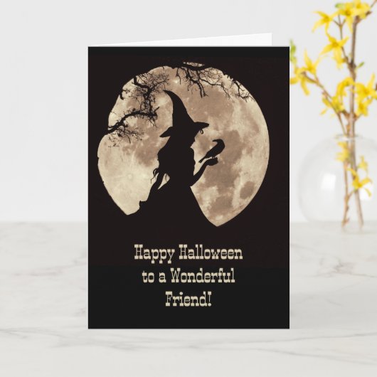 Carte Friend Happy Halloween Cute Witch in the Moonlight (Fleur jaune)