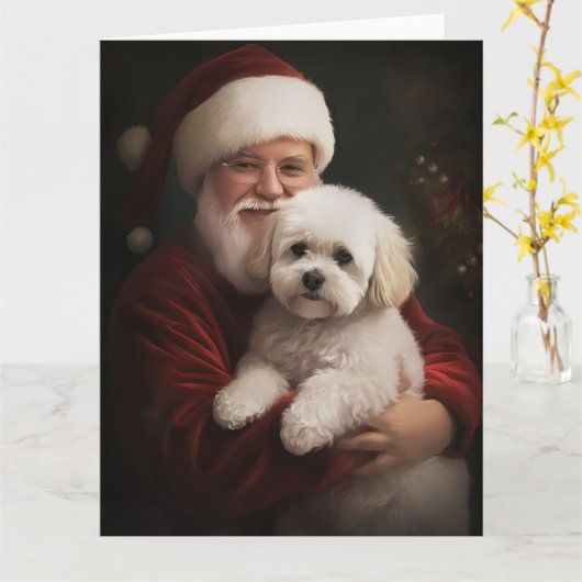 Carte Frise de Bichon avec Noël Festif du Père Noël (Fleur jaune)