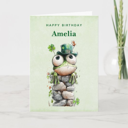 Carte Frog with Green Hat and Shamrock Cute Birthday (Devant)