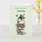 Carte Frog with Green Hat and Shamrock Cute Birthday (Fleur jaune)