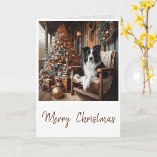 Carte Frontale Steampunk Collie Noël (Fleur jaune)