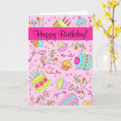 Carte Fuchsia Pink Cupcakes /Cake Custom Joyeux Annivers (Fleur jaune)