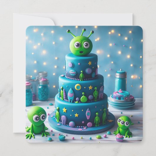 CARTE FUN ALIEN VERT ET THÈME ESPACE POUR L'ANNIVERSAIRE (Devant)