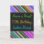 Carte Fun, Colorful, Whimsical 70th Birthday Card<br><div class="desc">This fun, colorful and whimsical birthday-themed greeting card design objets a warm birthday wish like "Have a Great 70th Birthday, Custom-Name!" on the front. Le nom du front can be customized. Le top and bottom of the front feature vibrant, multicolored stripes. The inside feobjets a customizable birthday. A greeting card...</div>
