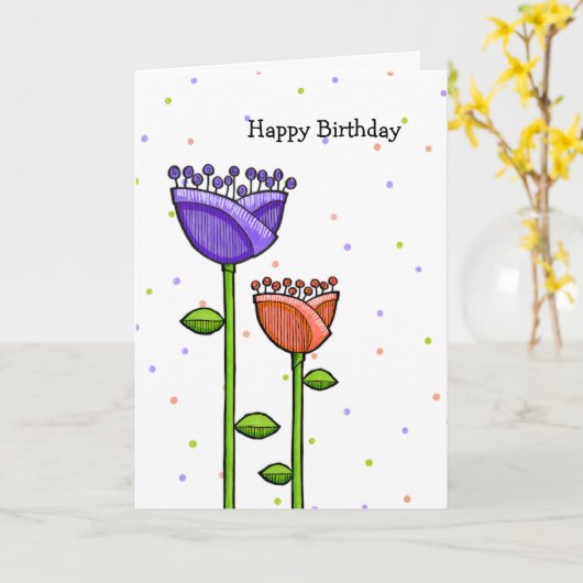 Carte Fun Doodle Flowers pourpre oranges points Annivers (Fleur jaune)