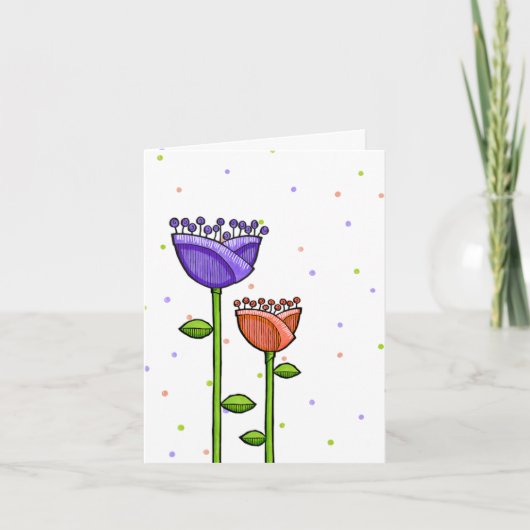 Carte Fun Doodle Flowers violet orange points Note Card (Devant)