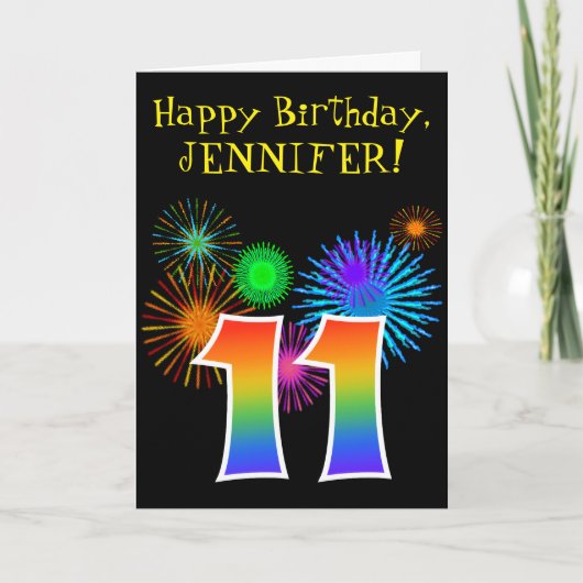 Carte Fun Fireworks + Rainbow Motif "11" Anniversaire # (Devant)