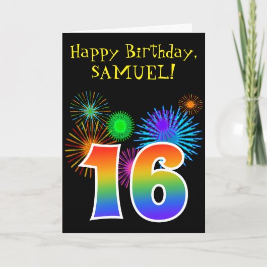 Carte Fun Fireworks + Rainbow Motif "16" Anniversaire # (Devant)