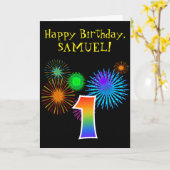 Carte Fun Fireworks + Rainbow Motif "1" Anniversaire # (Fleur jaune)