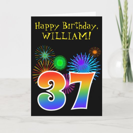 Carte Fun Fireworks + Rainbow Motif "37" Anniversaire # (Devant)