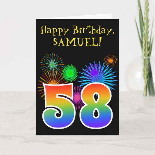Carte Fun Fireworks + Rainbow Motif "58" Anniversaire # (Devant)