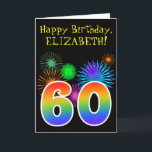Carte Fun Fireworks   Rainbow Motif "60" Anniversaire #<br><div class="desc">L'avant de cette carte de voeux d'anniversaire amusante et vibrante présente un motif coloré inspiré des feux d'artifice festifs, ainsi que le numéro "60" avec un motif dégradé multicolore inspiré arc-en-ciel, sur un arrière - plan de couleur noire. L'avant comporte également un message de voeux d'anniversaire, y compris un nom...</div>