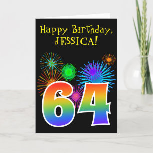 Carte Fun Fireworks + Rainbow Motif "64" Anniversaire #