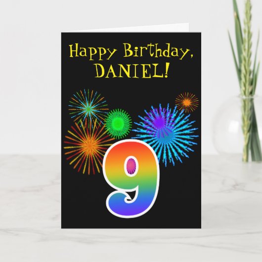Carte Fun Fireworks + Rainbow Motif "9" Anniversaire # (Devant)