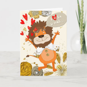 Carte Fun I Love You - Cartoon Lion and Hearts