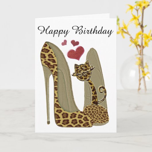 Carte Fun Leopard Stiletto et Cat (Fleur jaune)