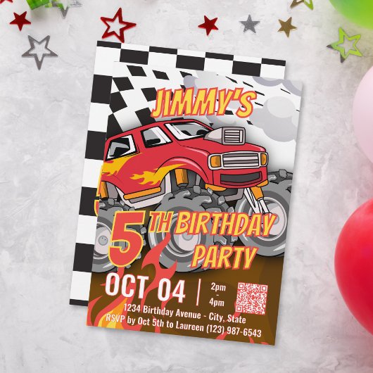 Carte Fun Monster Truck QR Code Birthday Party 