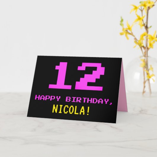 Carte Fun, Nerdy, Geeky, Pink, 8-Bit Style 12th Birthday (Fleur jaune)