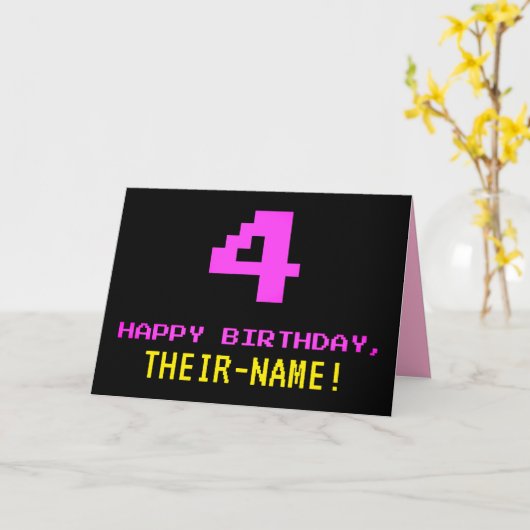 Carte Fun, Nerdy, Geeky, Pink, 8-Bit Style 4th Birthday (Fleur jaune)
