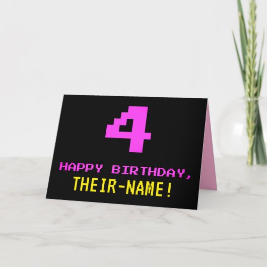 Carte Fun, Nerdy, Geeky, Pink, 8-Bit Style 4th Birthday (Devant)