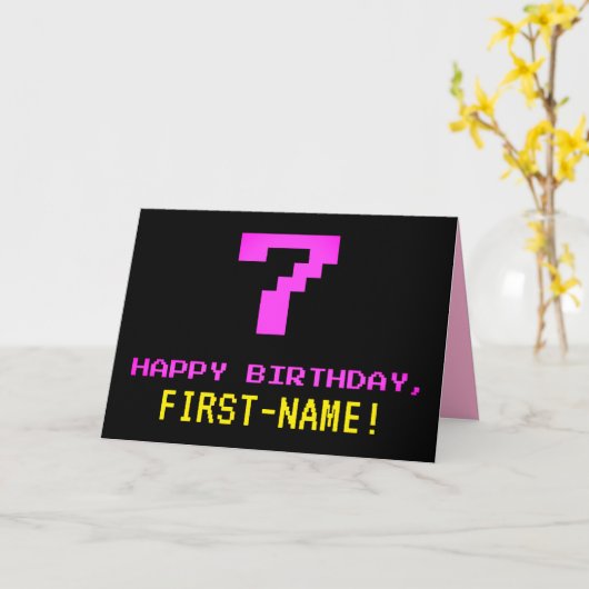 Carte Fun, Nerdy, Geeky, Pink, 8-Bit Style 7th Birthday (Fleur jaune)