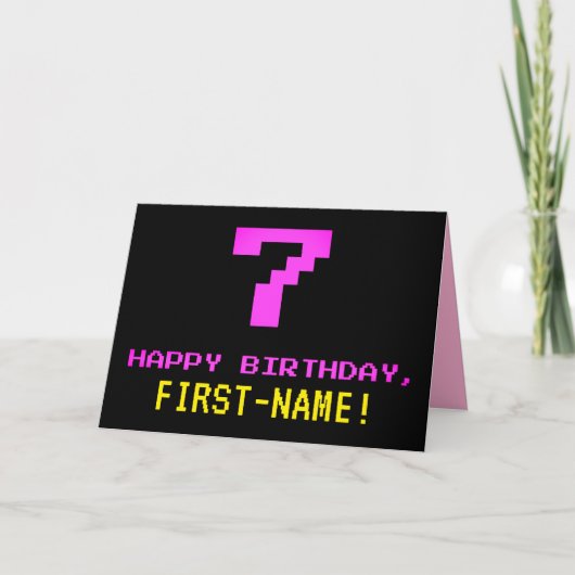 Carte Fun, Nerdy, Geeky, Pink, 8-Bit Style 7th Birthday (Devant)