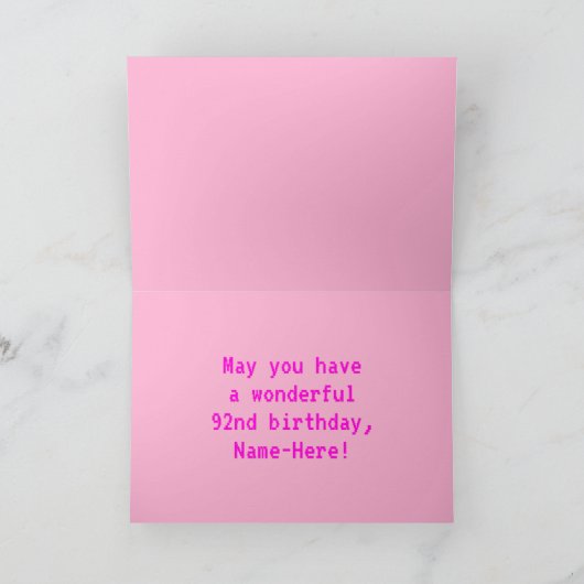 Carte Fun, Nerdy, Geeky, Pink, 8-Bit Style 92nd Birthday (Intérieur)